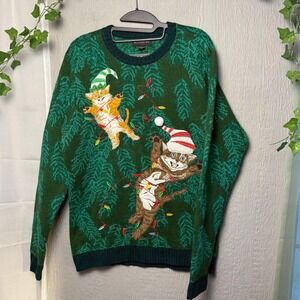 Blizzard Bay Mens Medium Ugly Christmas Sweater Cats Holiday Lights Green Knit